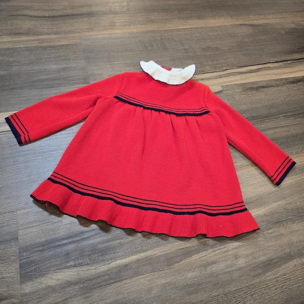 Girls Vintage Red Acrylic Long Sleeve Winter Collar Dress Christmas Preppy Sz 2‎